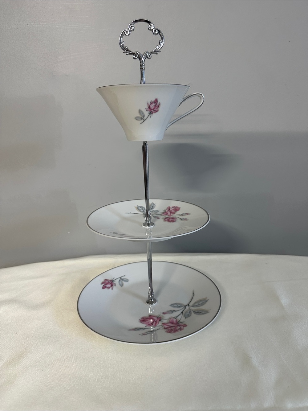 Three-Tier Porcelain Serving Stand with Pink Rose Motif
